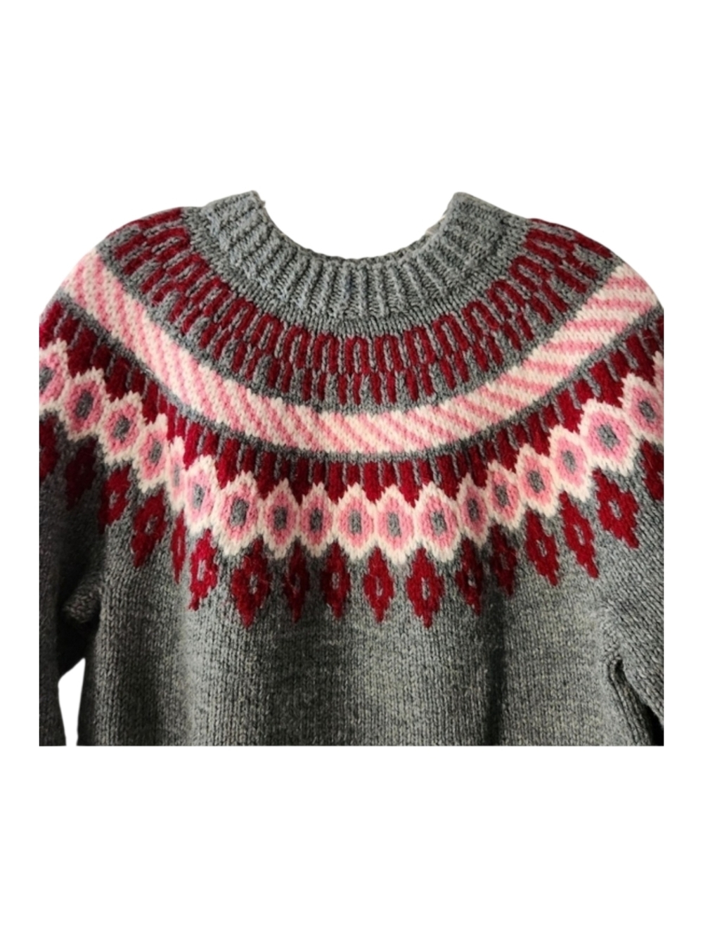 Vintage Handmade Fair Isle Sweater Women M-L Cottagecore Pullover 90s Gray Red